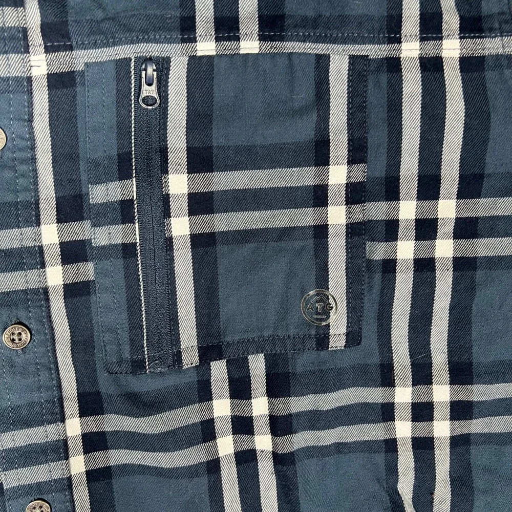 ATG Wrangler Mens 2XL Blue Plaid Flannel Shirt Elbow Patches Outdoor Utility